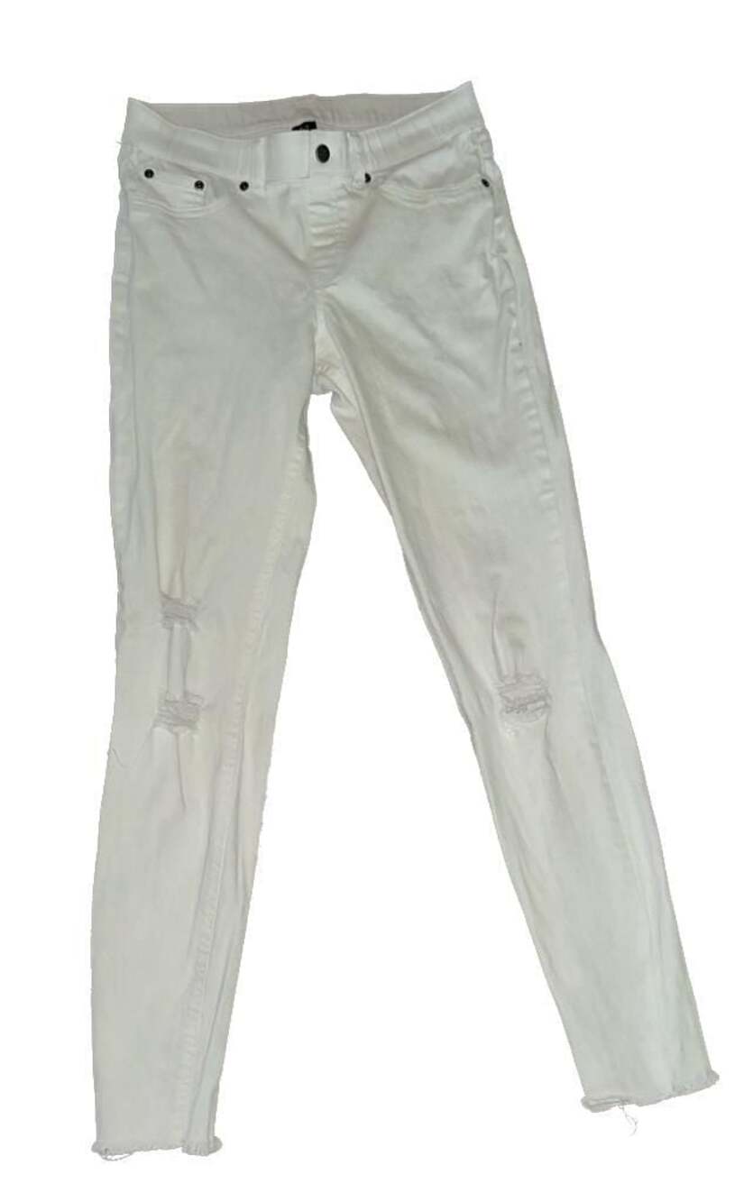 HUE Women's White Distressed‎ Raw Hem Pull-On Skinny Jeans Size M